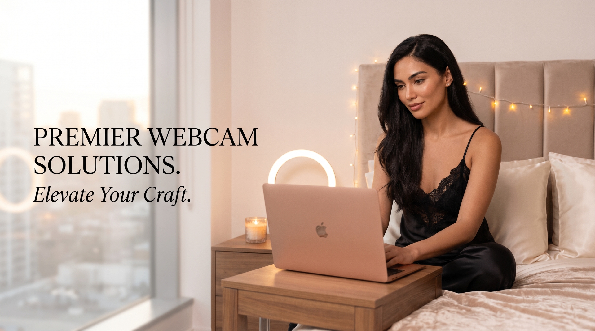 Webcam model streaming from a warmly lit bedroom with ring light and laptop.